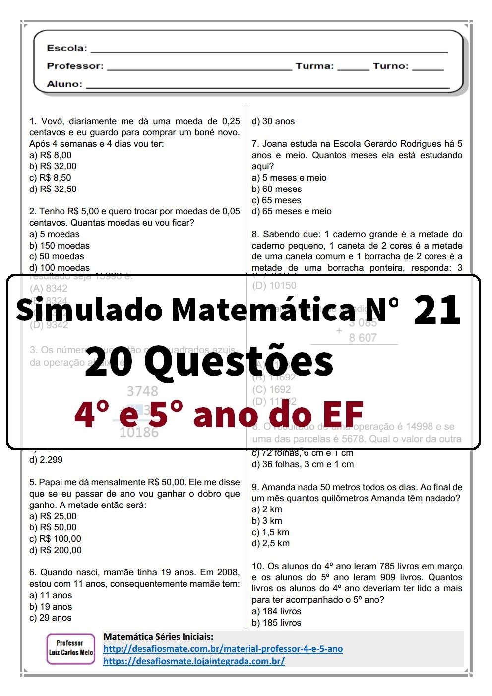 05 Atividades de matemática 4º ano para baixar