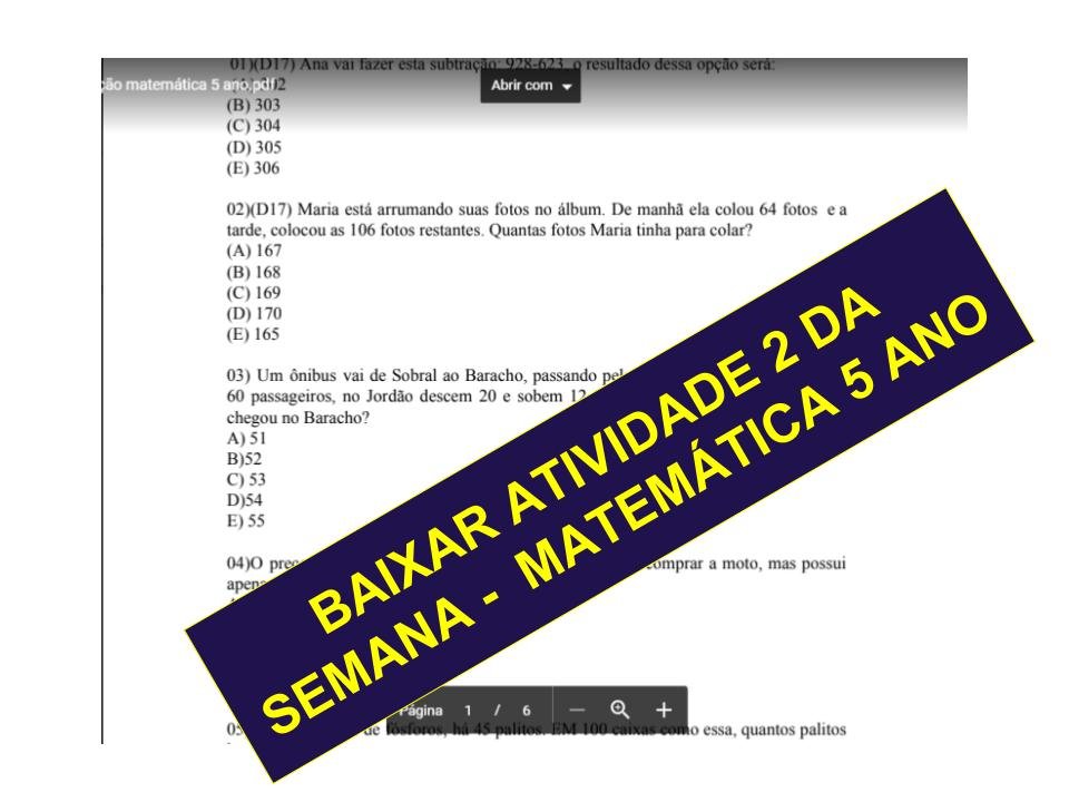 Atividade simulado avaliação de matemática para 5° ano