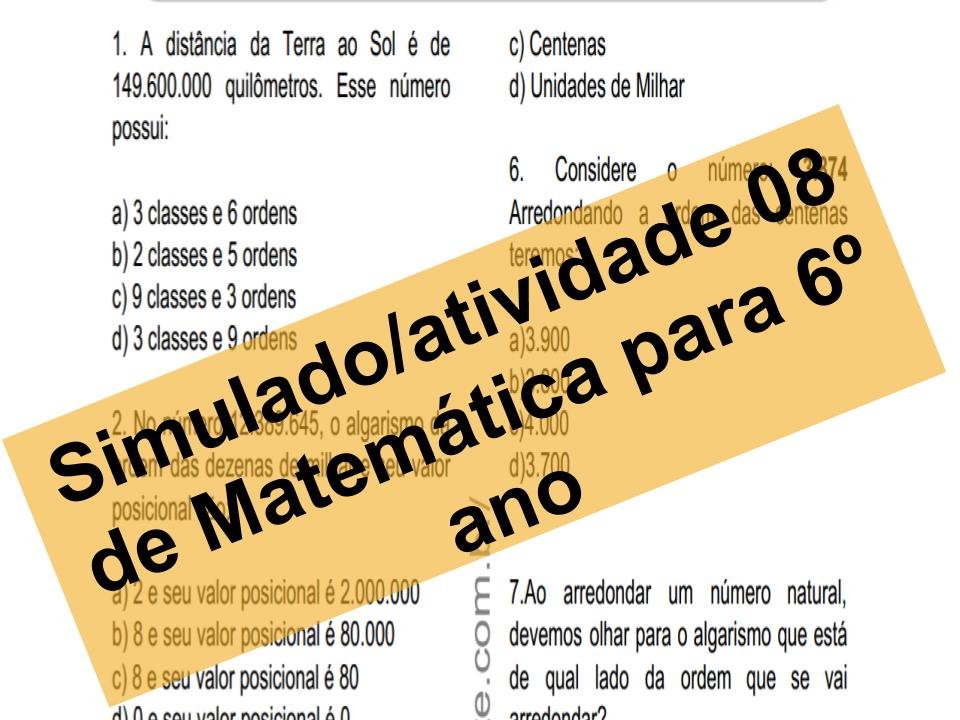 Simulado Aatividade 08 de Matemática para 6º ano 1